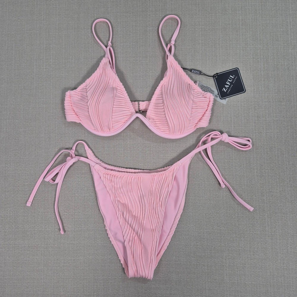 Zaful Pink Textured Ruched Underwire Bikini Set Two Piece Swimsuit Medium NWT